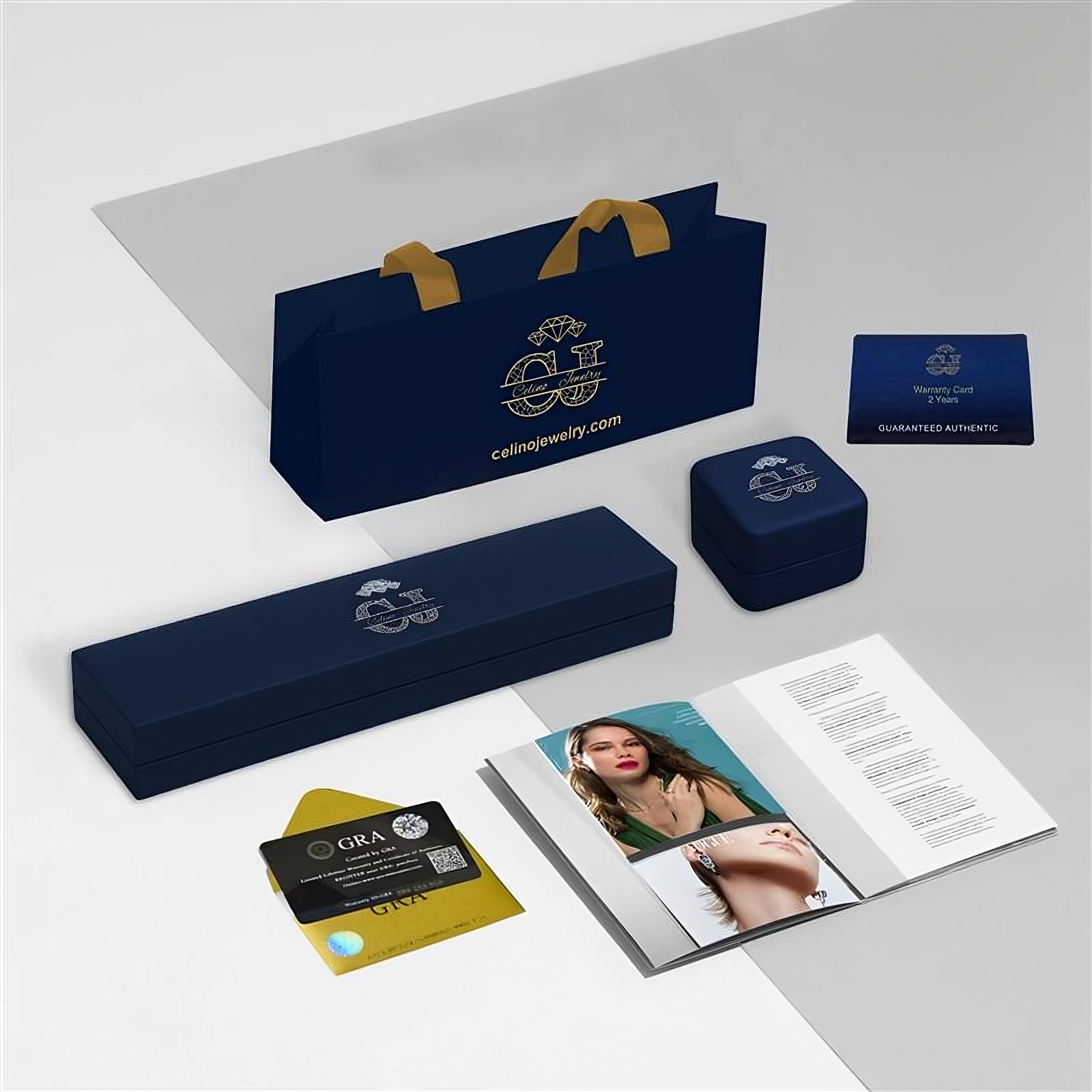 Jewelry packaging set with branded boxes and materials on a light gray background - moissanite diamond ring for men