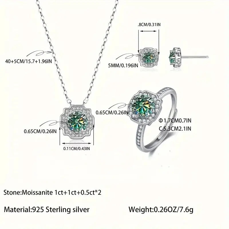 4-Piece Moissanite Jewelry Set – Sterling Silver Ring, Earrings & Pendant Necklace