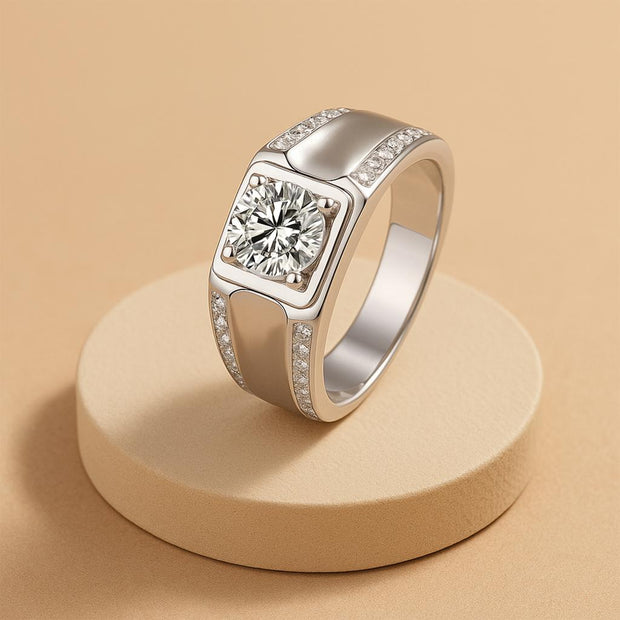 Round Cut Wedding Engagement Moissanite Male Ring Thick Silver Designer