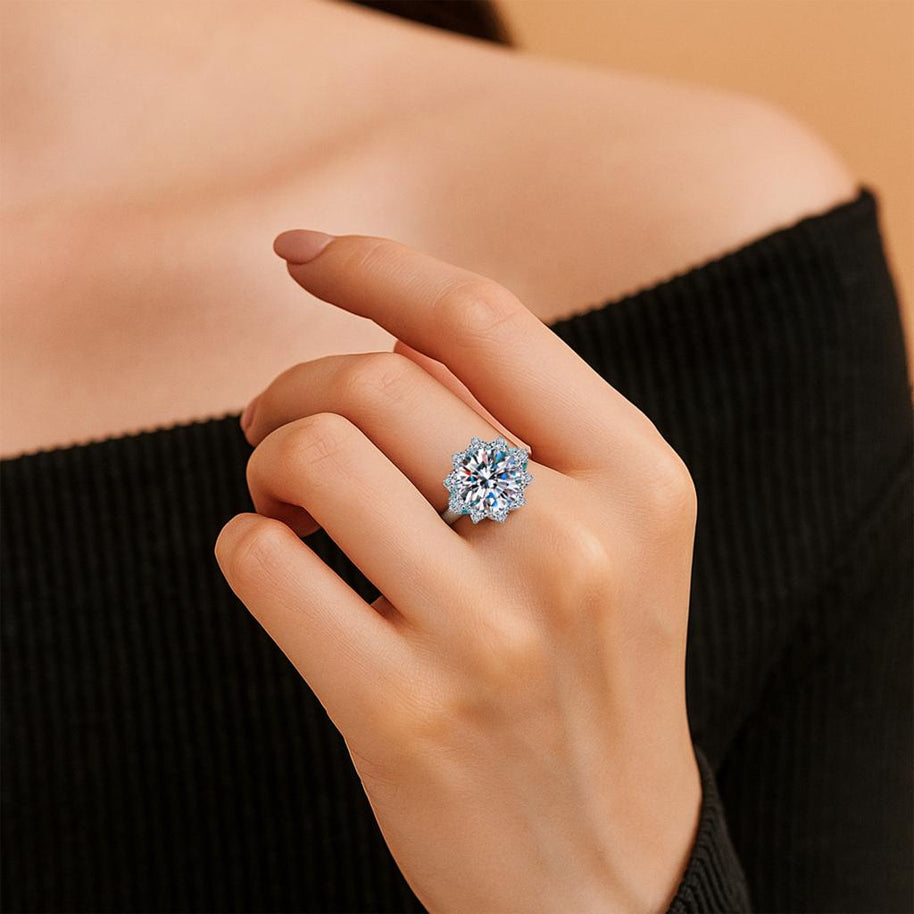 S925 Mossanite  Sterling Silver Plated Wedding Sun Flower Ring