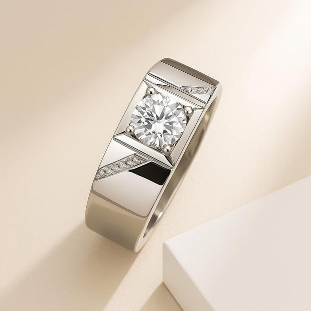 Silver ring with a diamond on a beige background - moissanite diamond ring