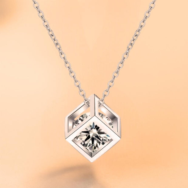 925 Silver Moissanite Sterling  Design Square Cube Pendant Necklace