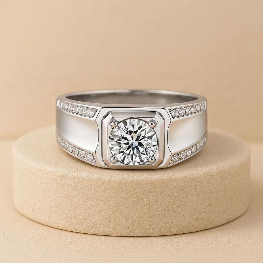 Round Cut Wedding Engagement Moissanite Male Ring Thick Silver Designer