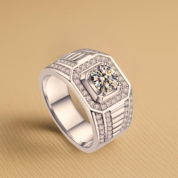 Silver ring with a diamond on a beige background - moissanite diamond ring for men