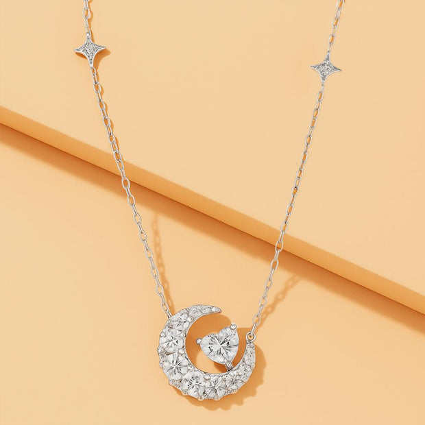 S92 Sterling Silver Moon with  Heart Cut Moissanite Necklace for Women