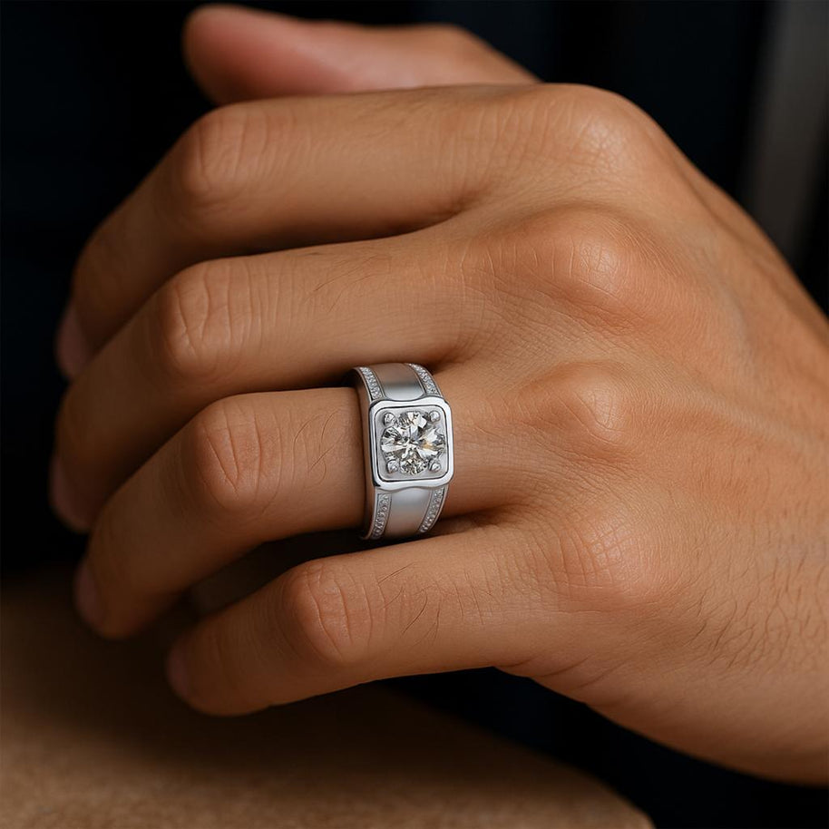 Round Cut Wedding Engagement Moissanite Male Ring Thick Silver Designer