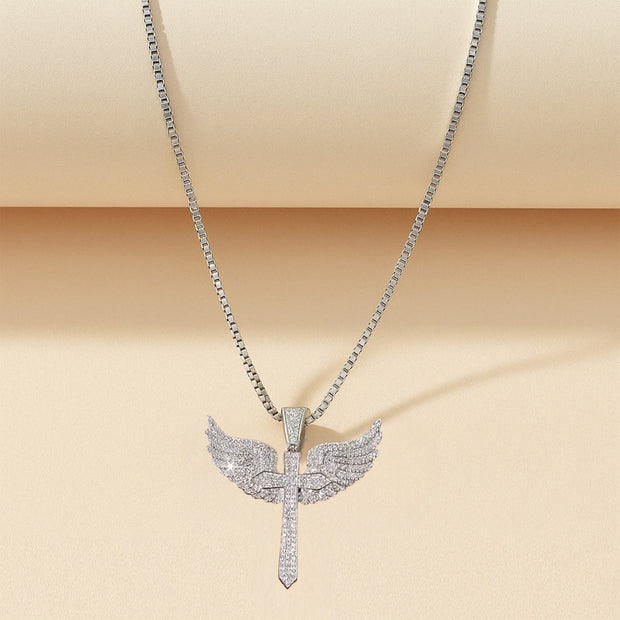 S925 Sterling Silver Moissanite Angel Wing Cross Pendant for Men
