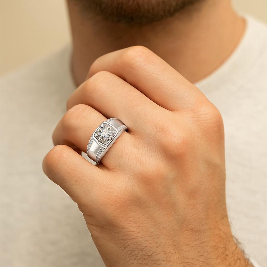 Round Cut Wedding Engagement Moissanite Male Ring Thick Silver Designer