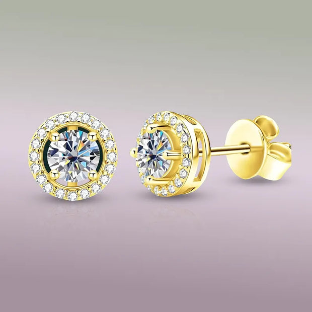 1ct Moissanite Earrings in 925 Sterling Silver with 18K Gold Plating, showcasing brilliance and elegance.