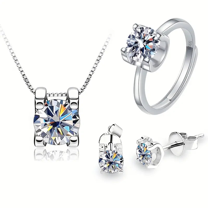 4pc Moissanite Jewelry Set – Sterling Silver with 18K White Gold Plating