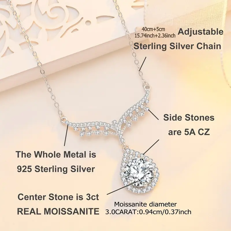 Moissanite Pendant & Chain – Angel Wing – 3CT – 925 Sterling Silver