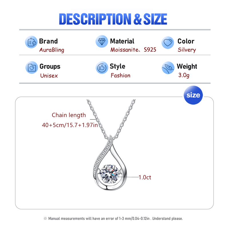 S925 Sterling Silver Water Drop Shape Pendant Necklace