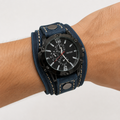 Men’s Punk Quartz Wristwatch – Wide Cowhide Leather Band