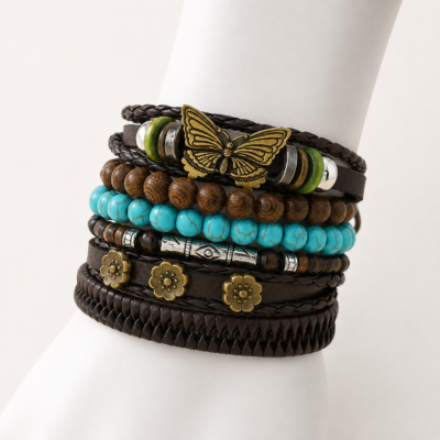 Men’s Bohemian Turquoise Beaded Bracelet – Multi-Layer Leather Style