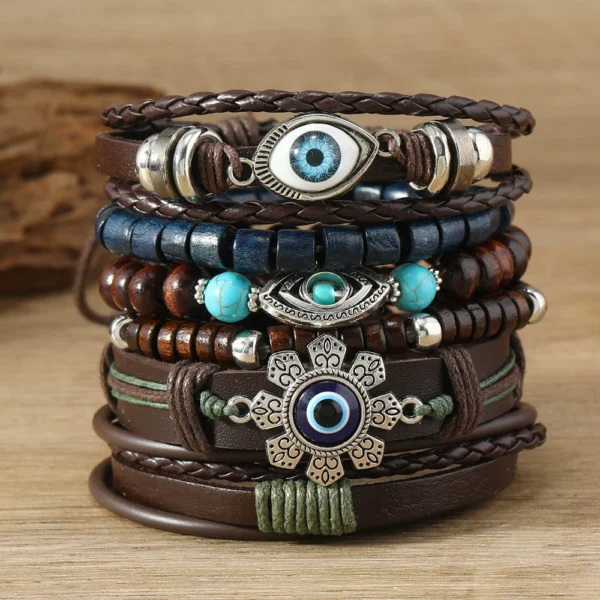 Men’s Bohemian Turquoise Beaded Bracelet – Multi-Layer Leather Style