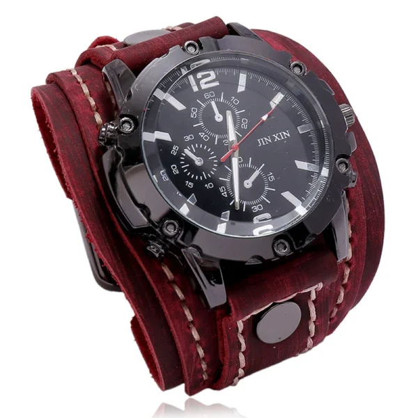 Men’s Punk Quartz Wristwatch – Wide Cowhide Leather Band